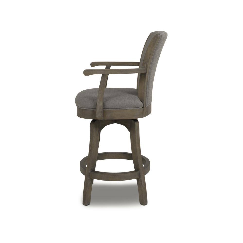 Vintage Chic Gray Leather & Oak Swivel Bar Stool with Brass Accents