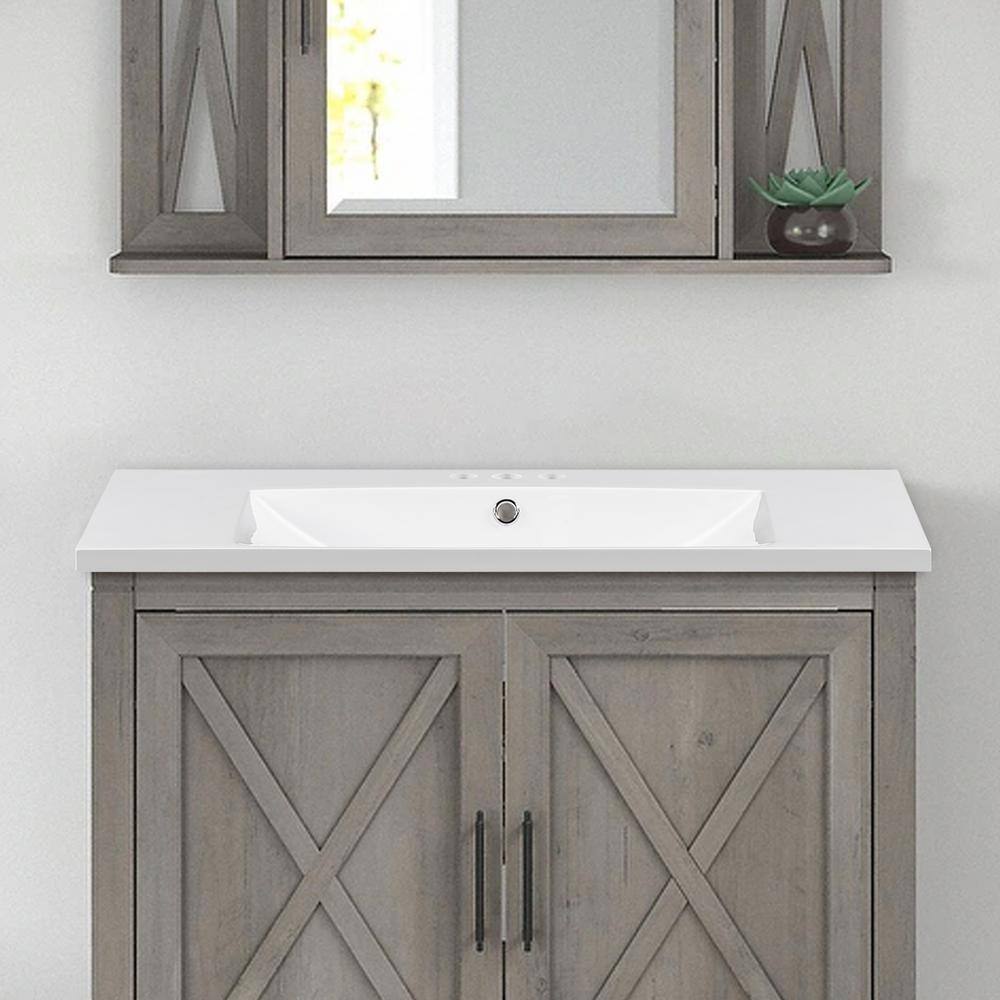 36" White Resin Square Bathroom Sink with Faucet Holes