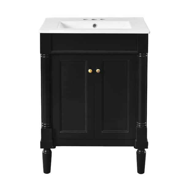 24 in. Single Sink Freestanding Black Bath Vanity with White Ceramic Top, Adjustable Soft-Close Hinges, Large Storage