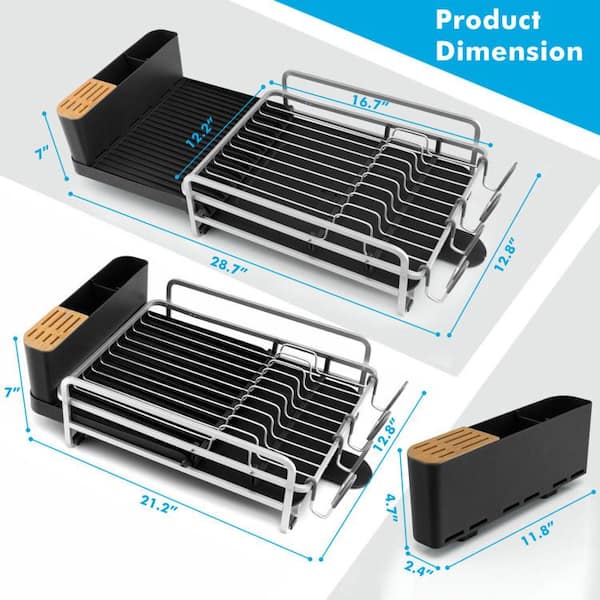 Angeles Home Black Stainless Steel Expandable Dish Rack with Drainboard and Swivel Spout