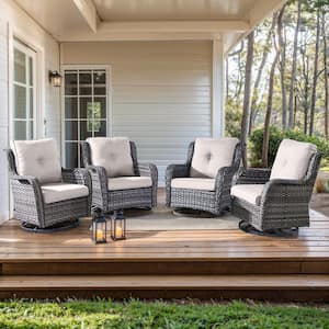 4-Piece Gray Swivel Glider Wicker Outdoor Rocking Chair with Beige Cushions and Curved Armrest