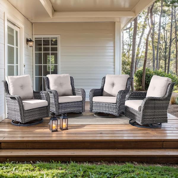 moosprr 4-Piece Gray Swivel Glider Wicker Outdoor Rocking Chair with Beige Cushions and Curved Armrest