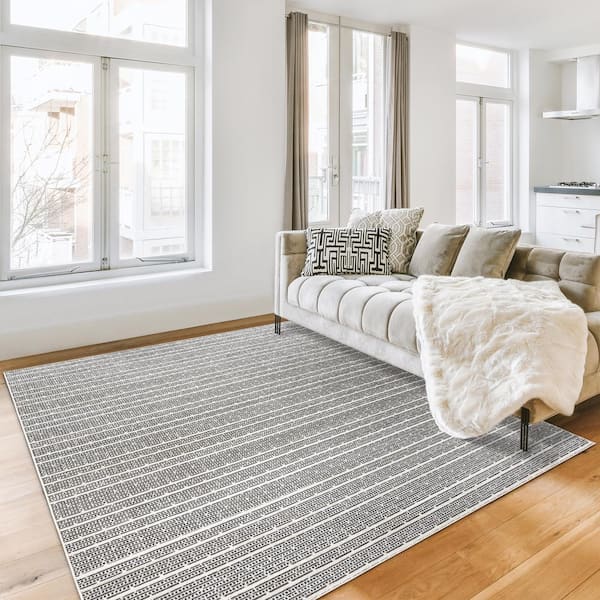 Missha Dario Beige/Black 9 ft. x 13 ft. Striped High-Low Indoor Area Rug