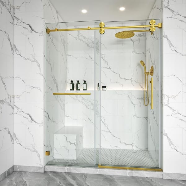 56-60 in. W x 79 in. H Single Sliding Frameless Shower Door Brushed Gold 3/8 in. Clear Glass with Towel Bar
