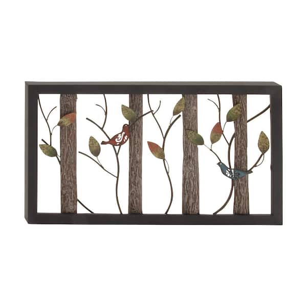 Litton Lane 36 in. x  20 in. Metal Black Bird Wall Decor with Tree Branches and Colorful Leaves