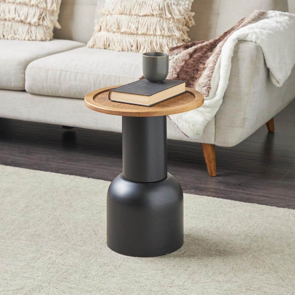 16 in. Black Handmade Pedestal Round Metal Coffee Table with Brown Rattan Tabletop