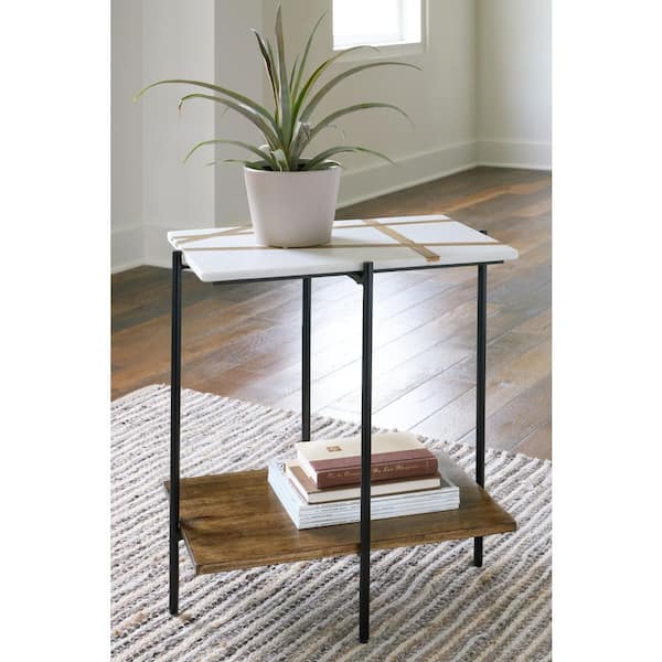 Braxmore 22 in. White/Brown Rectangle Marble End Table with Shelves