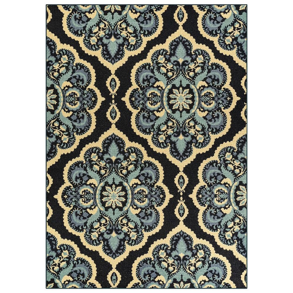Blue Polyester 5 ft. x 7 ft. Floral Indoor Area Rug
