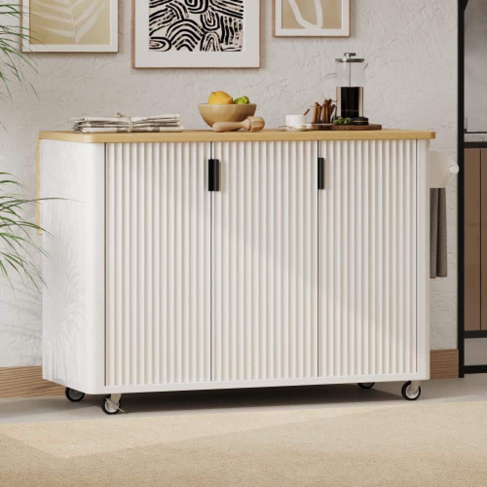 Farmhouse White Wood MDF 51 in. W Fluted Kitchen Island with Drop Leaf and 