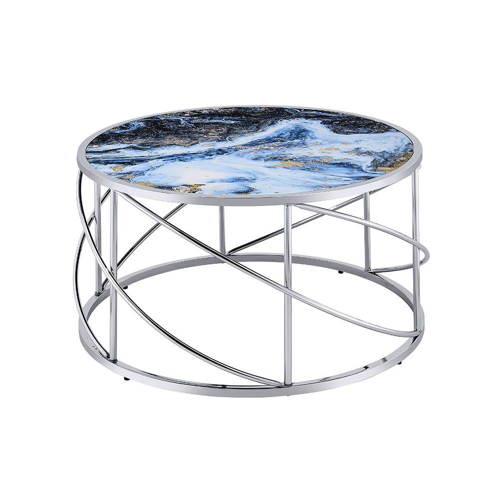 Blue Marble Print and Chrome Round Coffee Table