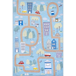 Chalea Kids Town Machine Washable Blue Doormat 3 ft. x 5 ft. Accent Rug Area Rug