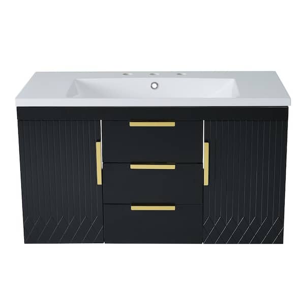 36 in. Single Sink Floating Black Bath Vanity with White Resin Top, 2 Drawers and 2 Cabinets, Smooth Slide Rail