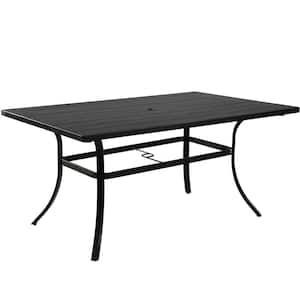 Semi-Aluminum Steel Outdoor Rectangular Dining Table with Grooved Wood Grain Tabletop and Umbrella Hole