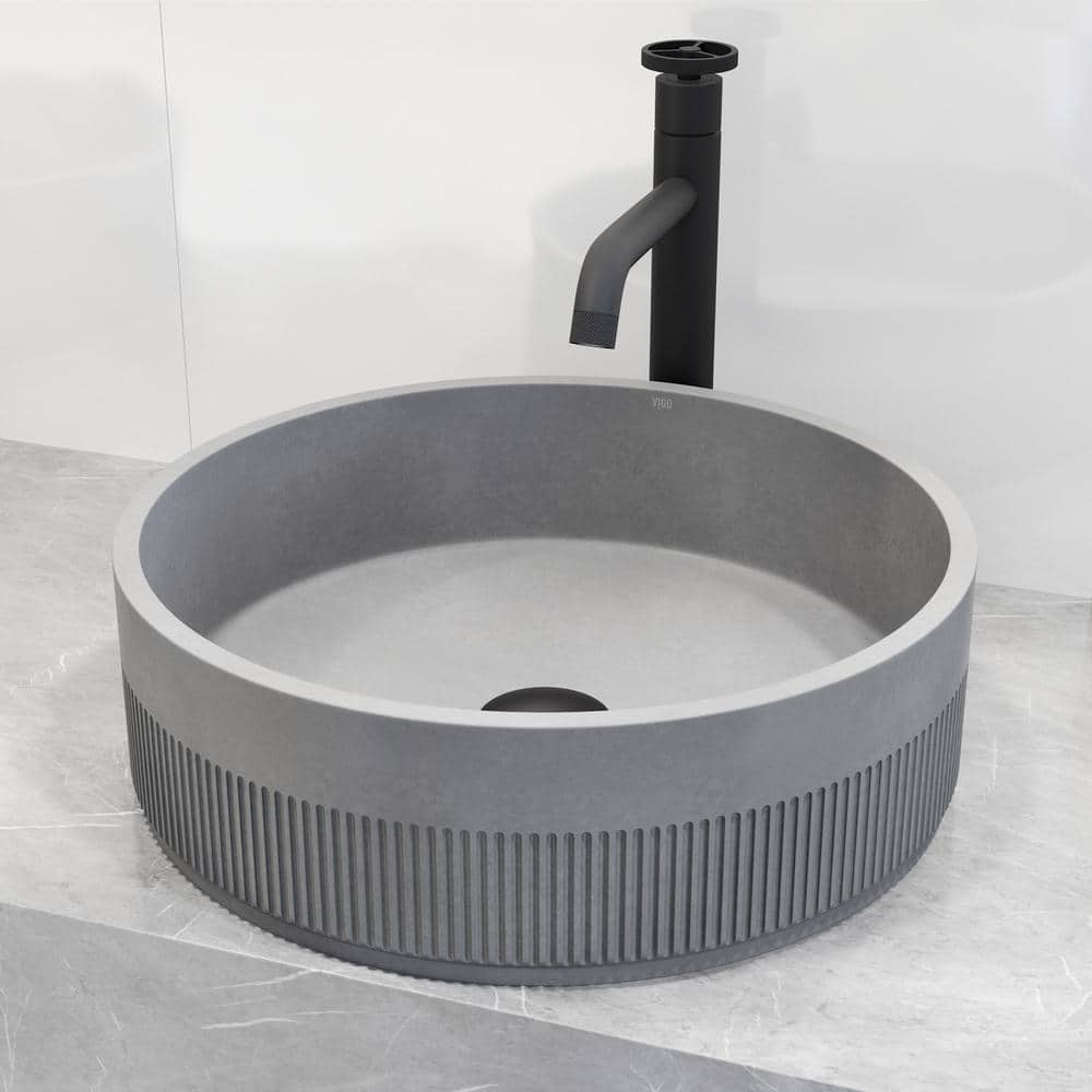 Gray Stone Round Above-Counter Fluted Vessel Sink