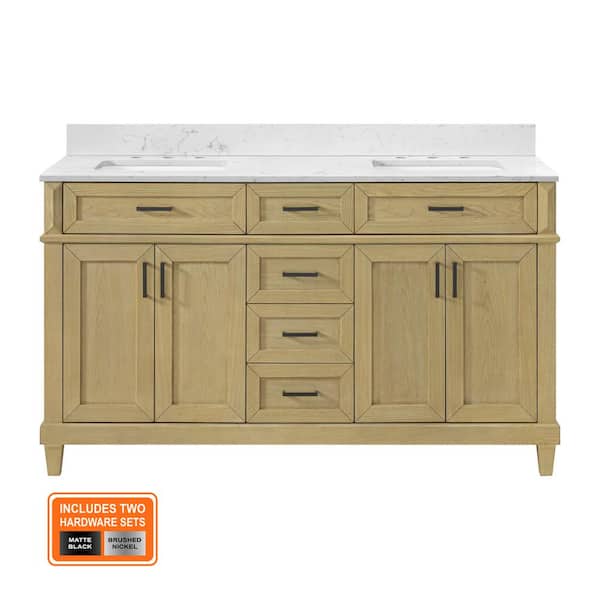 Talmore 60 in. Double Sink Light Oak Bạth Vanity with White Engineered Marble Top (Assembled)