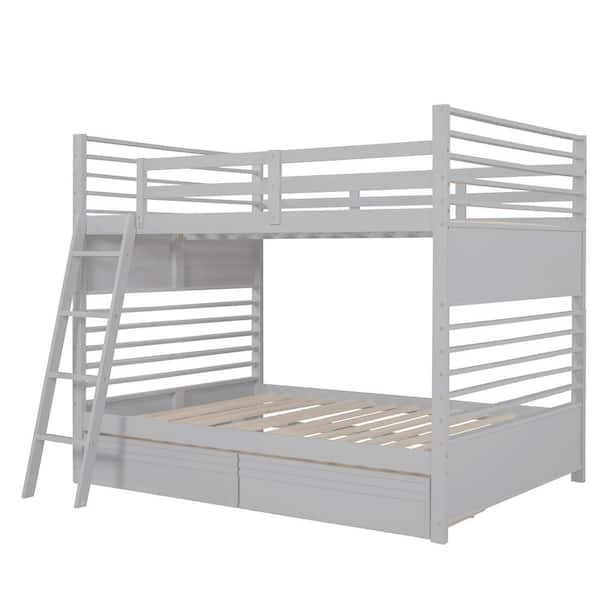 Polibi Gray Full over Full Wood Bunk Bed with 2 Drawers