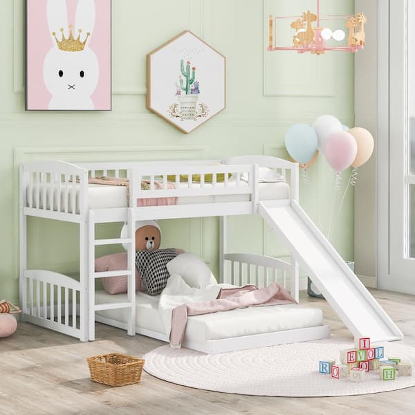 Harper And Bright Designs White Twin Over Twin Wood Bunk Bed With Slide