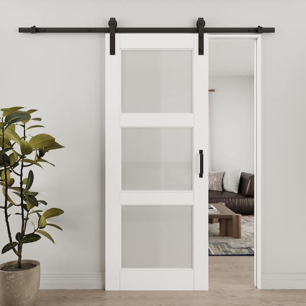 32 in. x 80 in. 3 Lite Tempered Frosted Glass White Primed MDF Composite Sliding Barn Door Slab with Hardware Kit