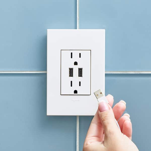 adorne 15 Amp 125-Volt Dual USB Plus-Size Duplex Outlet with Wall Plate, White