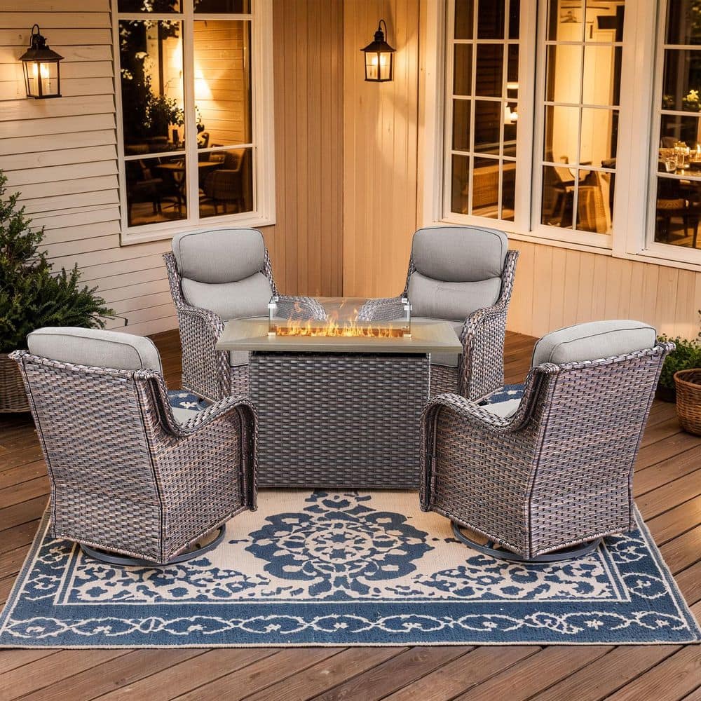 Holion 5-Piece Fire Pit Patio Set Brown Wicker Outdoor Conversation Set with Swivel Glider Chairs and Gray Cushions price history on PriceWatchPro