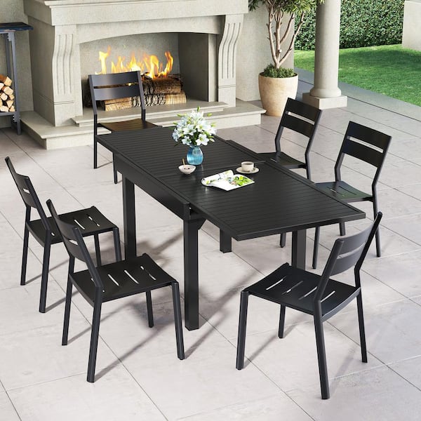 Black 7-Piece Aluminum Outdoor Dining Set with Expandable Rectangle 83 in. Table and Stackable Chairs for 6-8-Person