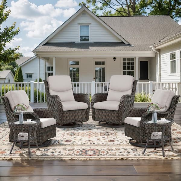Opohoro Crescent 6-Piece Brown Wicker Outdoor Swivel Rocker Patio Chairs Patio Conversation Set with Beige Cushions