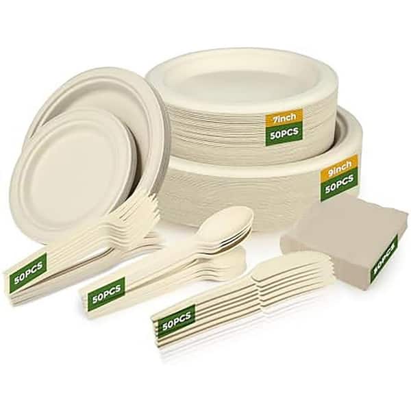 Adrinfly 300-Piece Eco-Friendly Disposable Tableware Set with Plates and Cutlery
