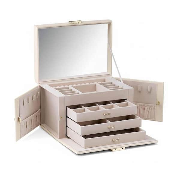 4-Tier Jewelry Organizer with Lock, Mirror Jewelry Box for Earring, Ring, Necklace and Bracelets, Jewelry Storage, Beige