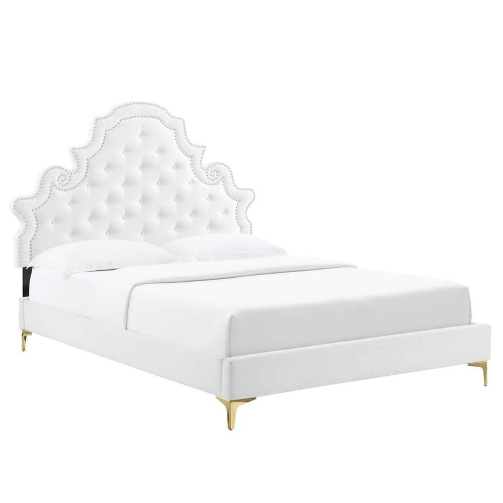 MODWAY Gwyneth Tufted Performance Velvet Queen Platform Bed in White ...