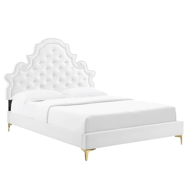 MODWAY Gwyneth Tufted Performance Velvet Queen Platform Bed in White ...