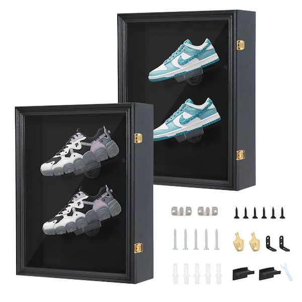 Black 21.6 in x 16.7 in Wood Wall-Mount Sneaker Display Case with UV Shield, Wooden Shoe Frame for Collectors (2-Pack)