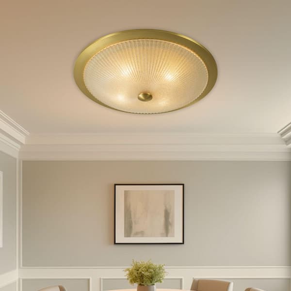 Snax 4-Light 23 in. W Aged Brass Round Umbrella-shaped Flush Mount with Gritty Frosted Glass for Kitchen Hallway