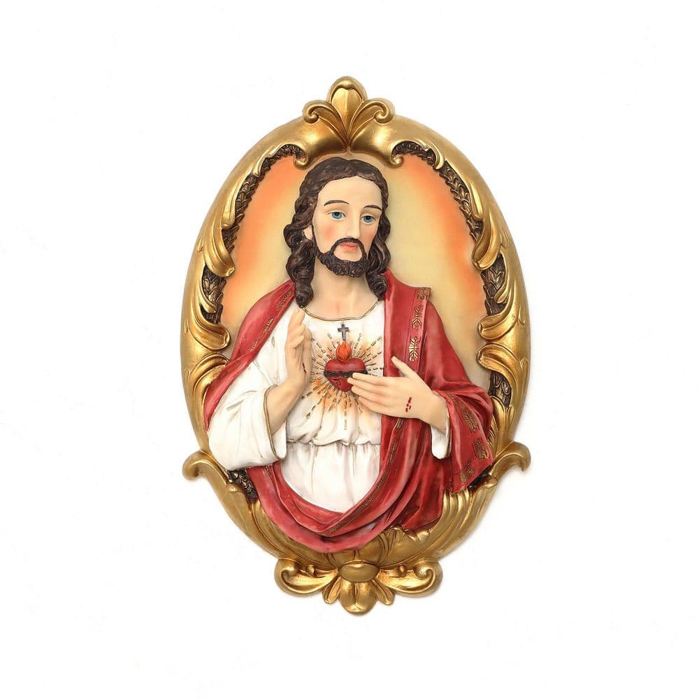 Sacred Jesus Wall Plaque, Oval Gold Resin Religious Home Decor Plaque for Prayer Room & Faith Display