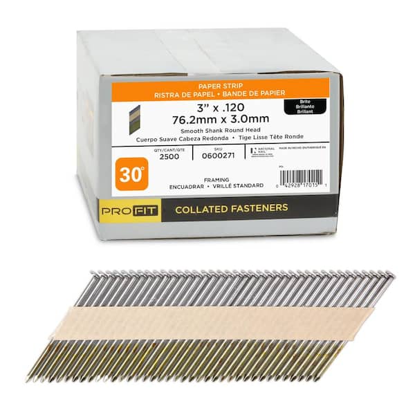 3 in. x 0.120 30-Degree Bright Finish Smooth Shank Paper Tape Framing Nails (2500 -Per Box)