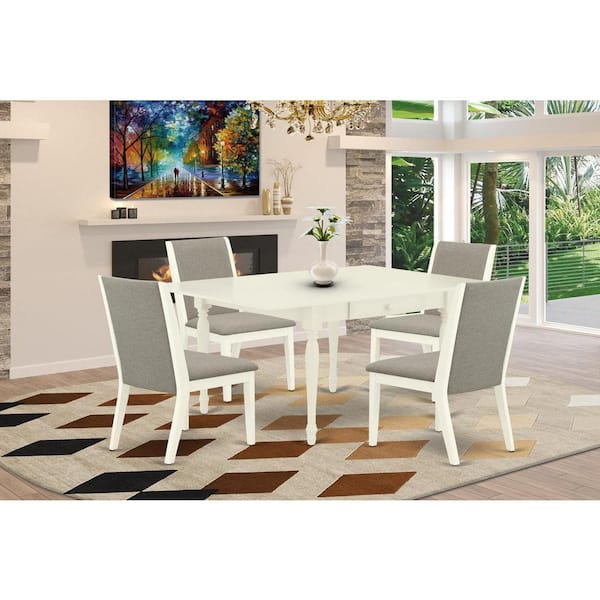 East West Furniture 5-Piece Linen White Finish Solid Wood Top - Dining Room Set with Leaf - Seats 4