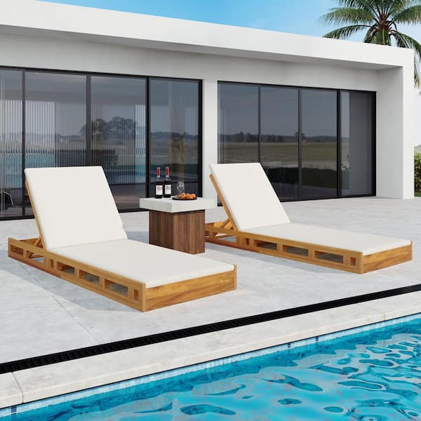 CHRISTOPHER KNIGHT HOME Gail Solid Wood Patio Outdoor Chaise Lounge with Cream Cushion, Adjustable Backrest, Teak Finish, (Set of 2)