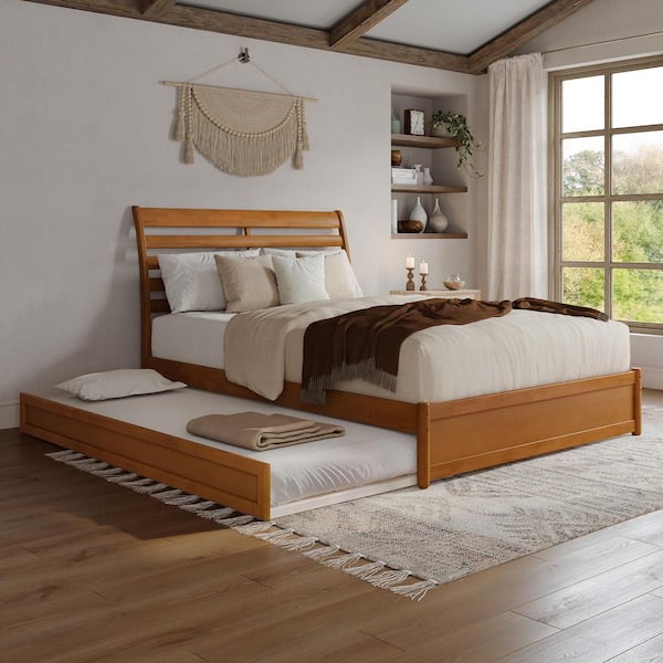 Emelie Light Toffee Natural Bronze Solid Wood Frame Queen Platform Bed with Panel Footboard and Twin XL Trundle