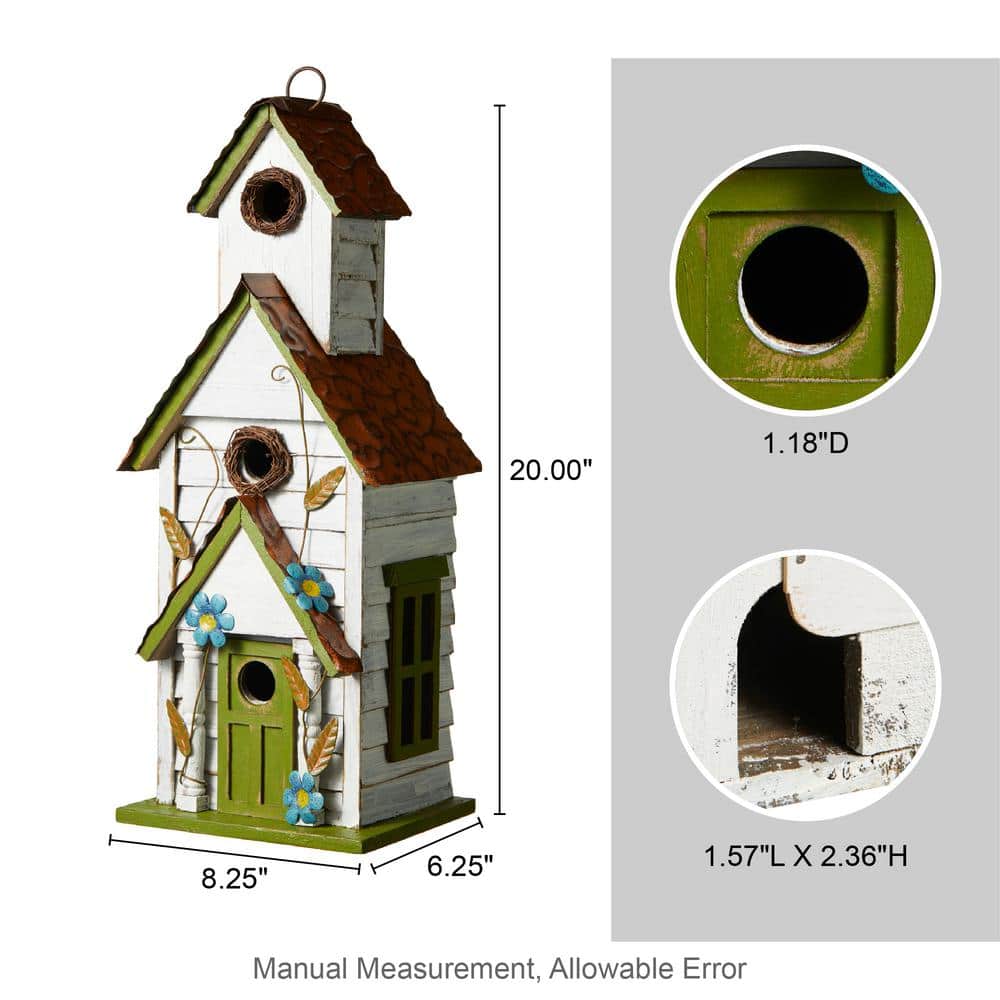 Oversized Distressed White and Green 3-Story Villa Wood Birdhouse