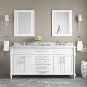 Aberdeen 72 in. Double Sink Freestanding White Bath Vanity with Carrara Marble Top (Assembled)