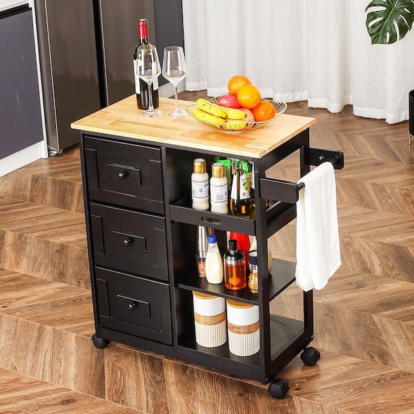 Black Kitchen Island on Wheels Kitchen Cart with Cabinet 3-Layer Shelves Wood Countertop Mobile Storage Islands