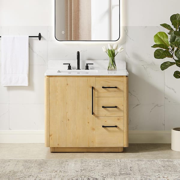 Serene 36 in. Single Freestanding Nature Brown Bath Vanity with Grain White Engineered Stone Top Assembled