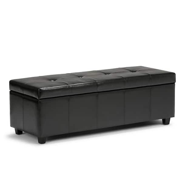 Simpli Home Castleford 48 in. Wide Contemporary Rectangle Storage Ottoman in Midnight Black Vegan Faux Leather, Assembled