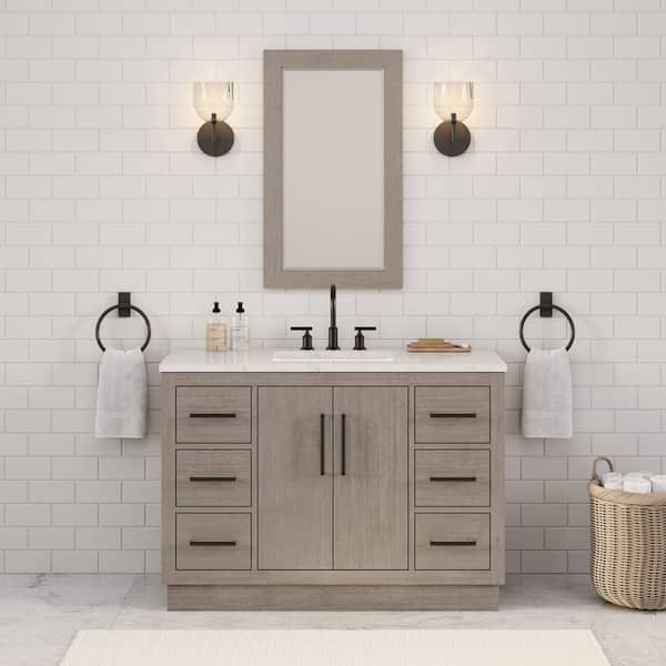 Water Creation Hugo 48 In. W x 22 In. D Bath Vanity in Grey Oak with Marble Vanity Top in White with White Basin, Faucet and Mirror
