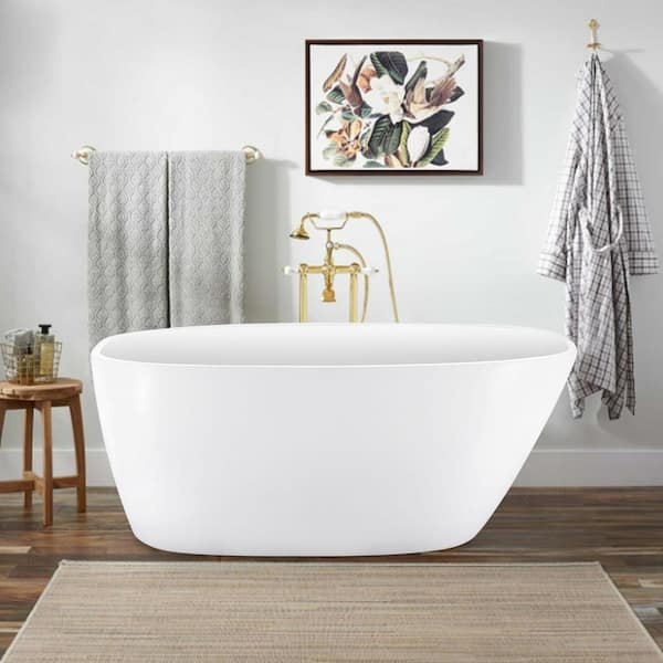 ANGELES HOME 63 in. Acrylic Flatbottom Freestanding Soaking Bathtub in White Overflow and Chrome Pop-Up Drain