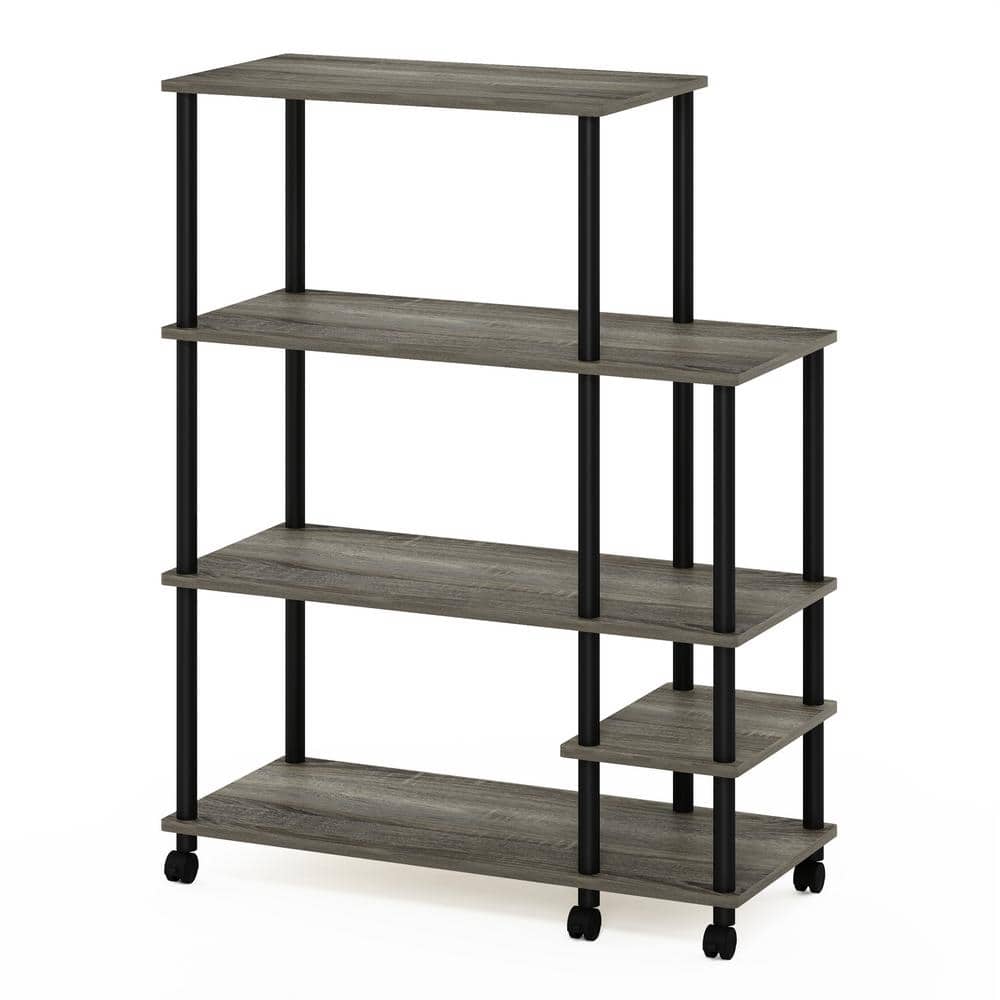 Furinno Turn-N-Tube 4-Tier French Oak Grey and Black Kitchen Wide Storage Shelf Cart with Casters