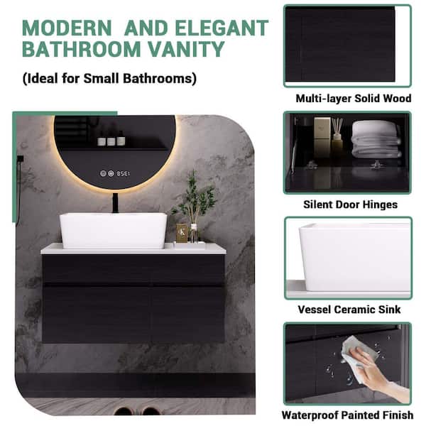 31.5 in. Wall Mounted Single Sink Black Bath Vanity with White Engineered Stone Top Requires Assembly