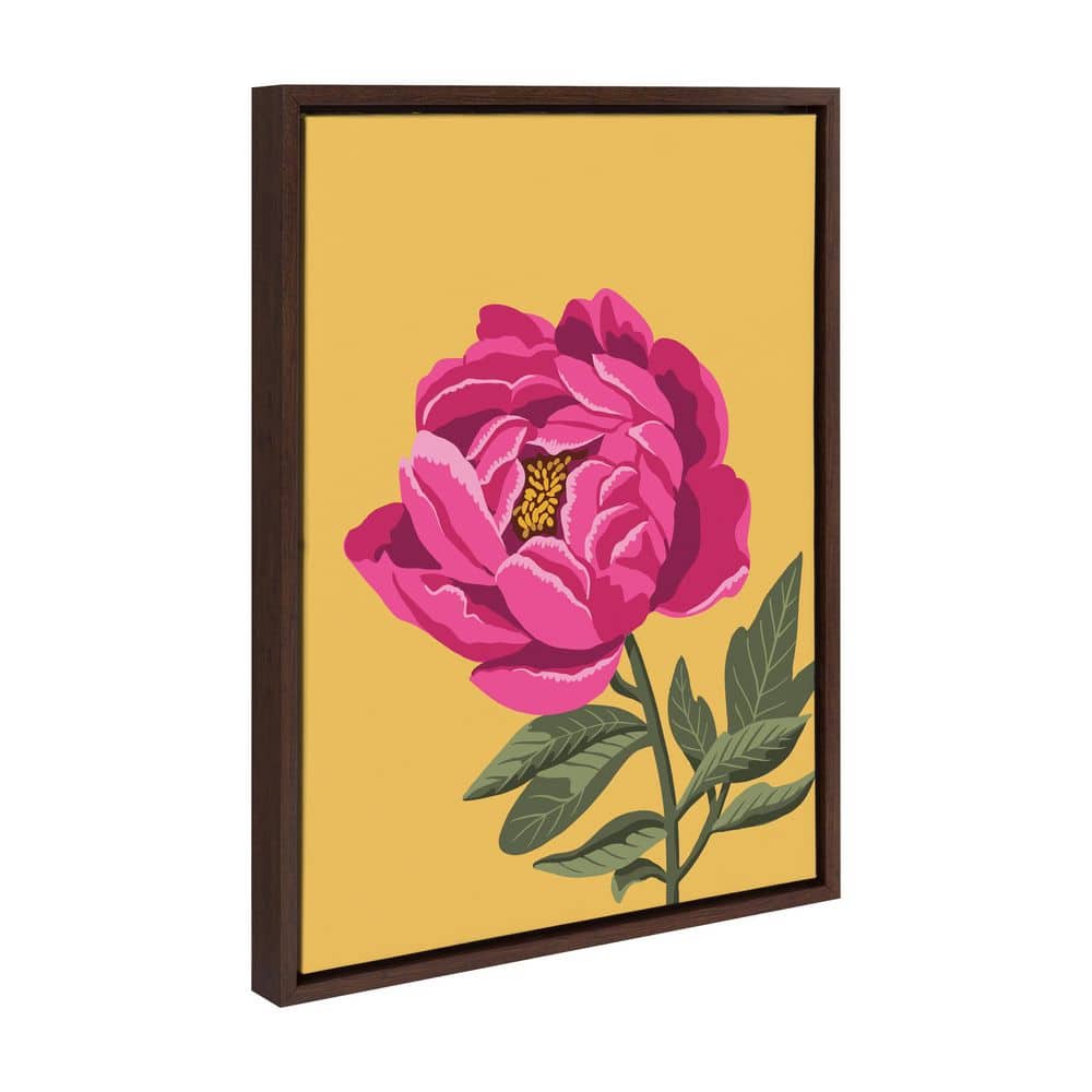 Bright Peony Framed Canvas Wall Art in Walnut Brown