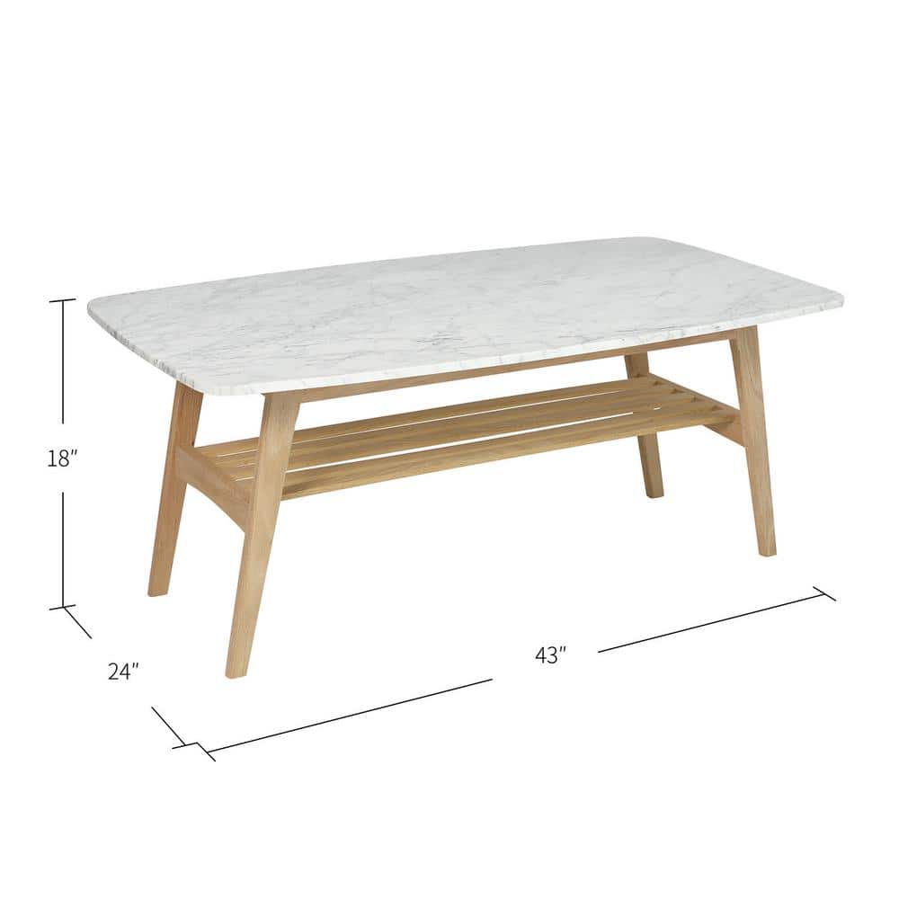 Laura 43" Rectangular White Marble Coffee Table with Oak Shelf