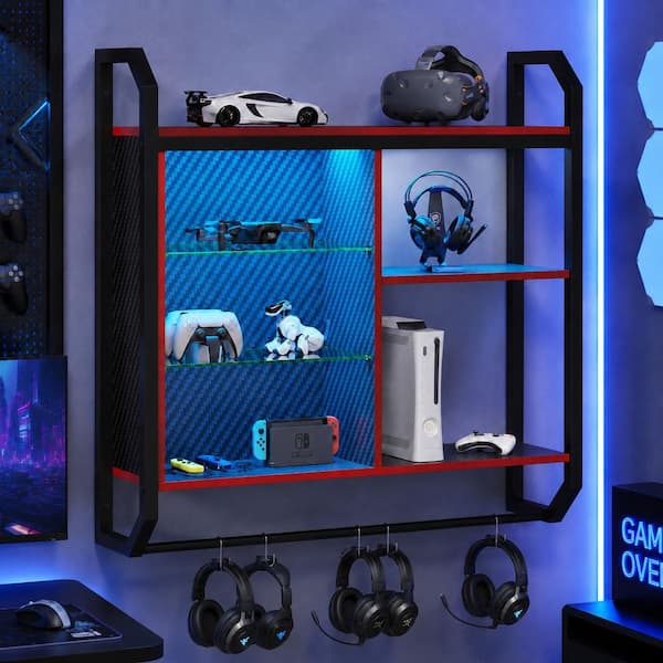 33.07 in. W x 7.8 in. D Black Carbon Fiber Composite Decorative Wall Shelf with LED Lights and Glass Shelves