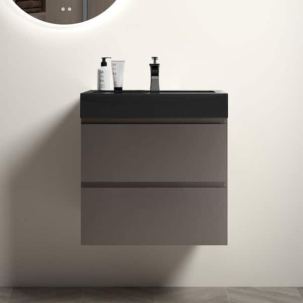 INSTER NOBLE 24 in. W x 18 in. D x 25 in. H Single Sink Floating Bath Vanity in Gray with Black Solid Surface Integral Top